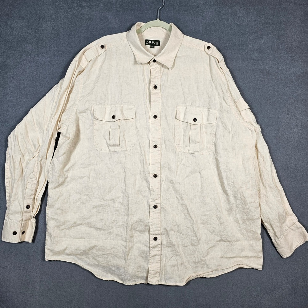 Orvis Button Down Shirt Mens XXL Beige 100% Linen Safari Field Epaulets 5782